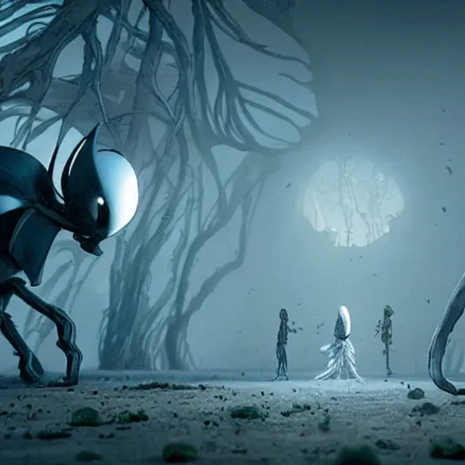 Prompt: extremely detailed cinematic movie still hollow knight by denis villeneuve, wayne barlowe, simon birch, marc simonetti, philippe druillet, beeple,