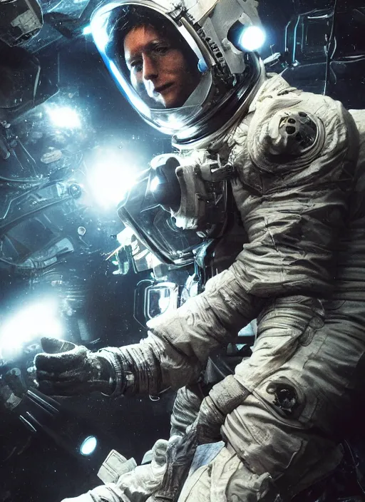 Image similar to complex poster by craig mullins astronaut in futuristic dark and empty spaceship underwater. infrared glowing lights. complex and hyperdetailed technical suit. reflection and dispersion materials. rays and dispersion of light. volumetric light. 5 0 mm, f / 3 2. noise film photo. flash photography. unreal engine 4, octane render. interstellar movie art