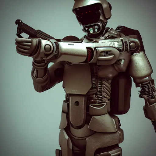 Image similar to cybernetic soldier holding a weapon, rule of thirds, octane render