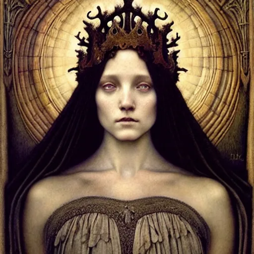 Prompt: detailed realistic beautiful young medieval queen face portrait by jean delville, tom bagshaw, brooke shaden, gustave dore and marco mazzoni, art nouveau, symbolist, visionary, gothic, pre - raphaelite, ornate gilded medieval icon, surreality, ethereal, unearthly, haunting, celestial, neo - gothic, ghostly, memento mori, nightmare