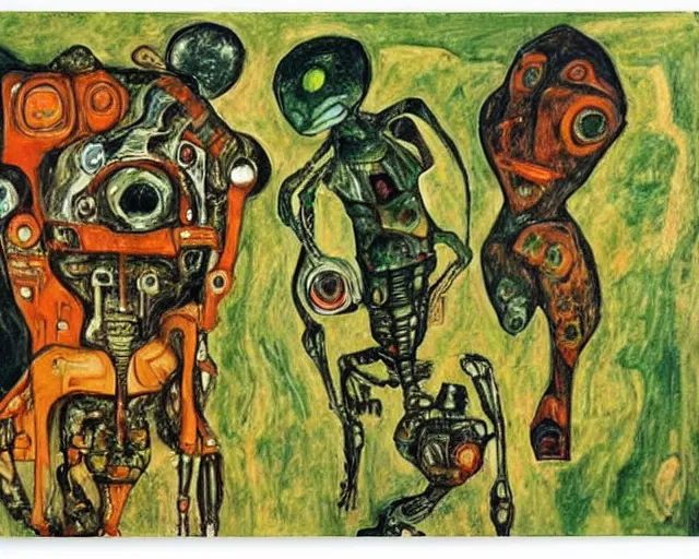 Image similar to a painting of a aliens and robots by graham sutherland, egon schiele, expressionism