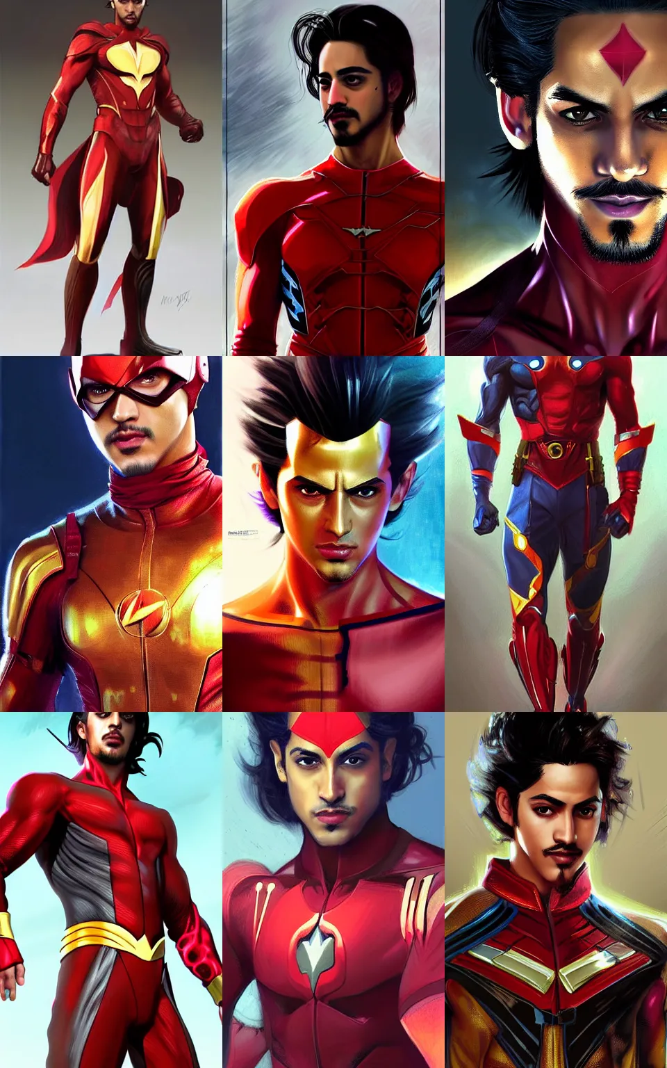 Prompt: character concept portrait of Avan Jogia as an speedster super-hero, fit, abs, red-gold spandex, elegant, digital painting, concept art, smooth, sharp focus, illustration, from Metal Gear, by Ruan Jia and Mandy Jurgens and William-Adolphe Bouguereau, Artgerm