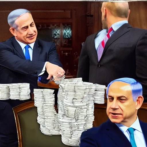 Prompt: benjamin netanyahu stealing money from the people. digital painting, high detail, 8 k, film still