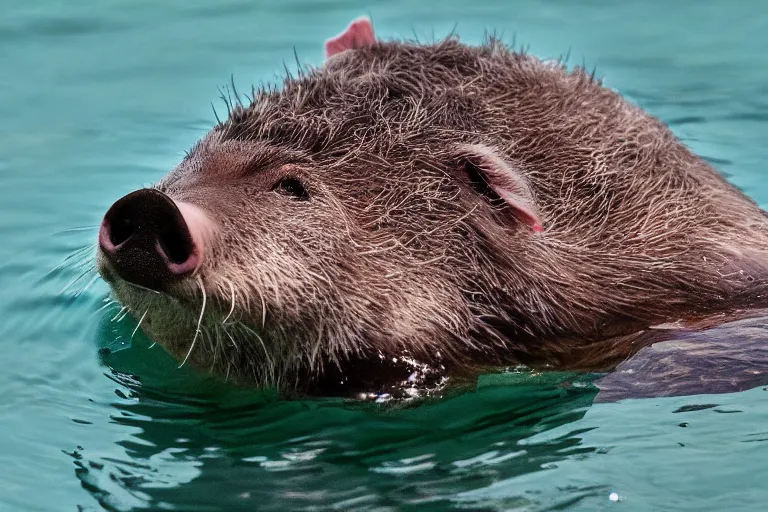 Prompt: a pig sea otter!!! hybrid! hyper realistic!! realistic lighting!! wildlife photographer of the year!!! bold natural colors, national geographic, hd, wide angle, 8 k