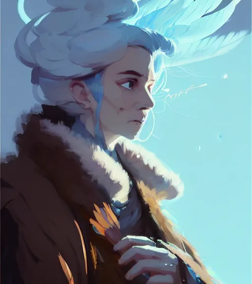 Image similar to portrait of mage with coat made of feathers, dnd character, by atey ghailan, by greg rutkowski, by greg tocchini, by james gilleard, by joe fenton, by kaethe butcher, dynamic lighting, gradient light blue, brown, blonde cream and white color scheme, grunge aesthetic