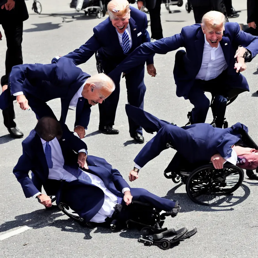 Image similar to joe biden falling off his wheelchair faceplanting on the ground, award winning photo