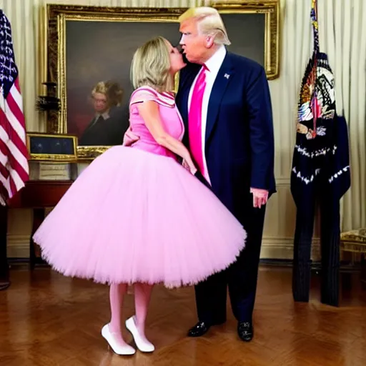 Image similar to Donald trump in a pink tutu, kissing Joe Biden, hyper realistic, 4k, 8k, White House, kissing