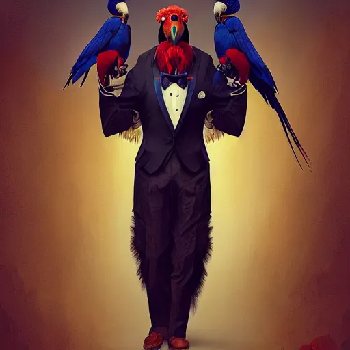 Prompt: anthropomorphic fashion vogue Macaw parrot man man wearing a parrot costume wearing a tuxedo ripped physique christopher lovell gerald brom bastien grivet greg rutkowski portrait