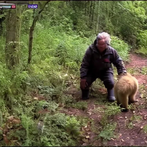 Prompt: trailcam footage of the queen of england hunting for bears