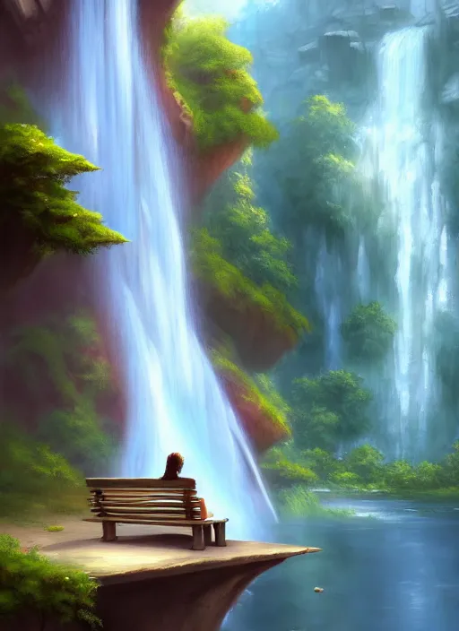 Image similar to a painting of a waterfall with a person sitting on a bench, a detailed matte painting by tyler edlin, artstation, fantasy art, matte painting, 2 d game art, deviantart hd