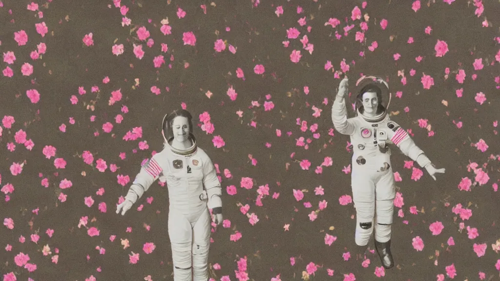 Image similar to a vintage photograph of a female astronaut standing on a bed of black and pink flowers, photorealistic, + muted colors