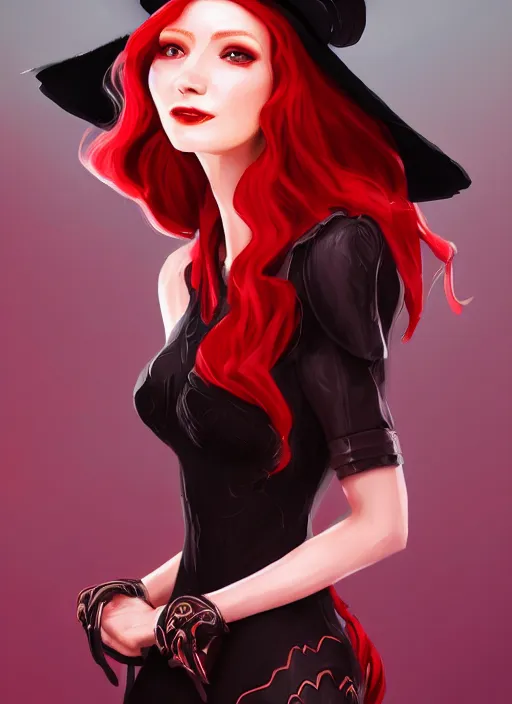 Prompt: a highly detailed illustration of tall beautiful red haired lady wearing black noir dress and black sun hat, dramatic smile pose, perfect face, perfect body, perfect eyes, intricate, elegant, highly detailed, centered, digital painting, artstation, concept art, smooth, sharp focus, league of legends concept art, wlop.