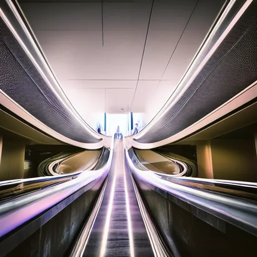 Prompt: approaching futuristic helical escalator inside white back glossy lit tube with streaming beams of light, building anticipation, scintillating, movement, pastel gradients, 8 k, highly detailed, professional photograph, epic composition, modern details