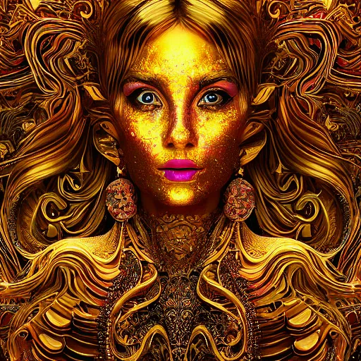 Image similar to psychadelic goddess made of golden marble, beautiful face, hyper detailed, flowing psychadelic background intricate and detailed, ornate 8 k gorgeous intricate detailed, octane render