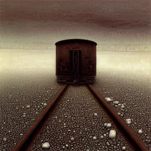 Prompt: Train Locomotive. Vacant. Desolation. Unsettling. Zdzisaw Beksinski