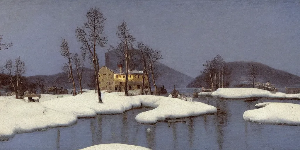 Image similar to an impasto oil painting of a lakehouse in the winter painted by caspar david friedrich, high detail,