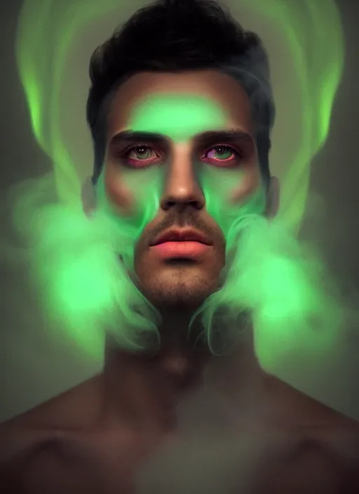 Image similar to an ethereal, misty portrait of a man whose face is accented with neon - toned glowing eyeliner. the makeup floats off his face and joins swirling clouds of smoke and fog, becoming an aurora. muted tones. surreal portrait, cinematic lighting, 8 k, smooth, sharp focus, digital painting, rendered in octane, painted by tom bagshaw, artgerm