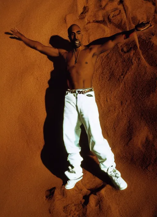 Prompt: an official aesthetic 8 k futuristic clothing advertisement photograph of tupac shakur posing shirtless on mars wearing a huge torn up light brownish coat and y 2 k white pants, studio lighting