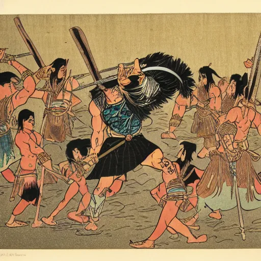 Image similar to late meiji period, colored woodblock print, conan the barbarian