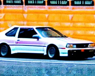 Prompt: a white toyota ae86 drifting in an empty parking lot at night with tire smoke behind it, vhs camcorder footage