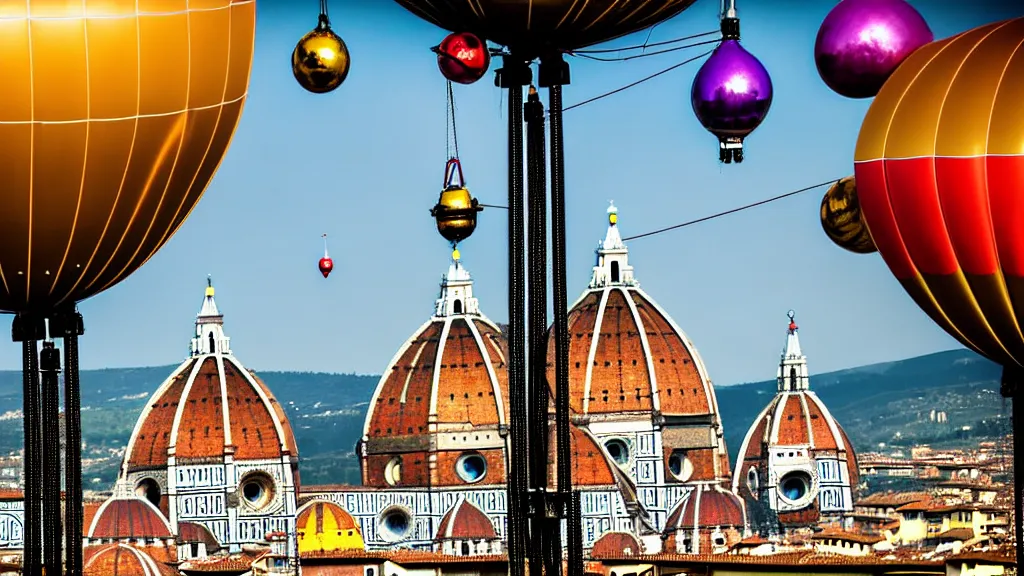 Prompt: large colorful futuristic space age metallic steampunk steam - powered balloons with pipework and electrical wiring around the outside, and people on rope swings underneath, flying high over the beautiful medieval florence city landscape, professional photography, 8 0 mm telephoto lens, realistic, detailed, photorealistic, photojournalism
