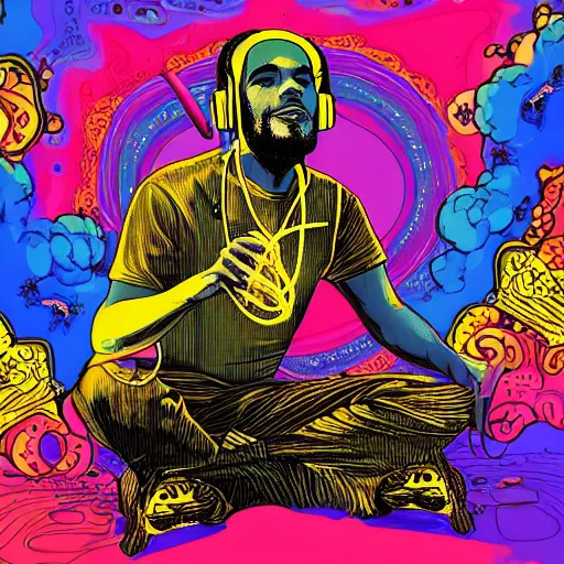 Image similar to artgerm, psychedelic ben harper, rocking out, headphones dj rave, digital artwork, r. crumb, svg vector