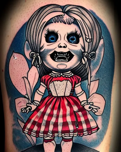 Image similar to tattoo flash art of the annabelle doll from the movie, highly detailed