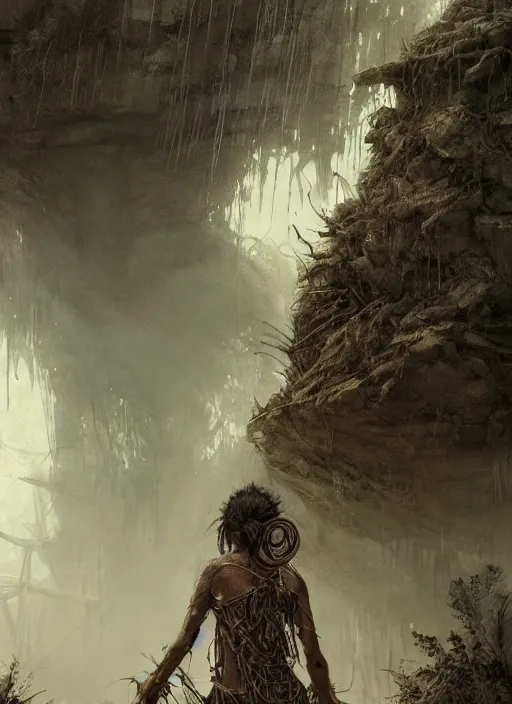 Prompt: a tribal woman and a soldier discovering a post apocalyptic city overgrown with lush vegetation, by Luis Royo, by Greg Rutkowski, dark, gritty, intricate, backlit, strong rimlight, cover illustration, concept art, volumetric lighting, volumetric atmosphere, sharp focus, octane render, trending on artstation, 8k