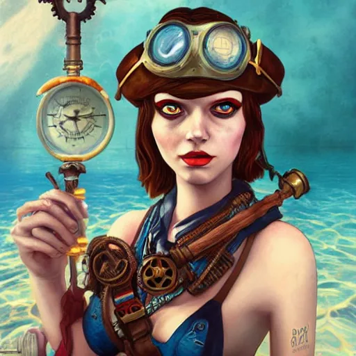 Prompt: lofi underwater bioshock steampunk pirate portrait of emma stone, pixar style, by tristan eaton stanley artgerm and tom bagshaw.