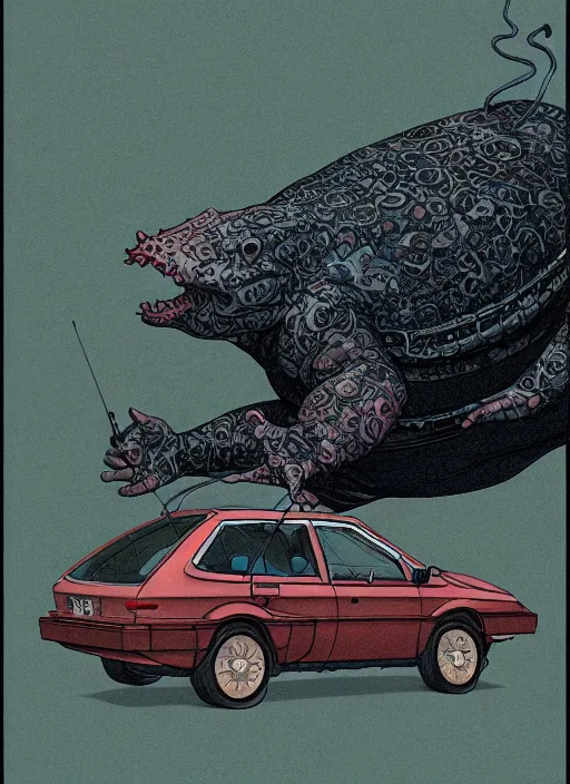 Image similar to fat woman - axolotl posing near a ford taurus lx 1 9 8 6, intertwined, gothic, rich deep colors, drawn by by kim jung gi, takato yamamoto. masterpiece. rendered in blender, smooth shadows, ultra detail, high resolution, cinematic unreal 6, 8 k