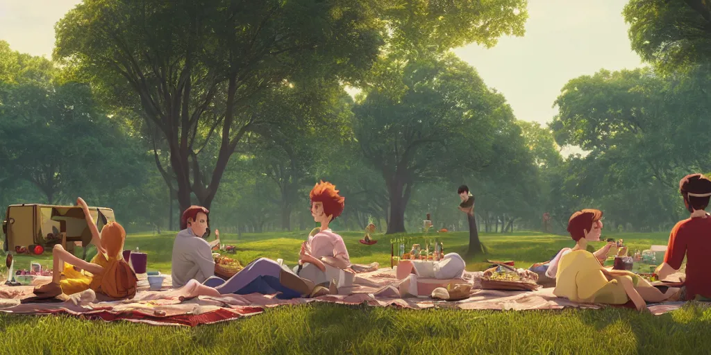 Image similar to a film still of a picknick in the park, medium shot, waist up, wes anderson, studio ghibli, pixar and disney animation, sharp, rendered in unreal engine 5, anime key art by greg rutkowski, bloom, dramatic lighting