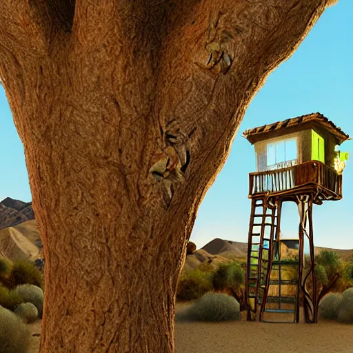 Image similar to Andalusian tree house in the desert, ladder, Pixar, sparkly