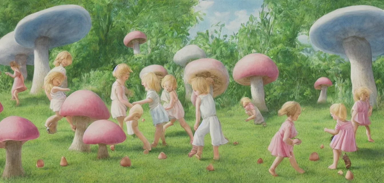 Prompt: botanical illustration of a few children playing under a single giant mushroom, pastel hues, janne laine, outi heiskanen, gentle lighting