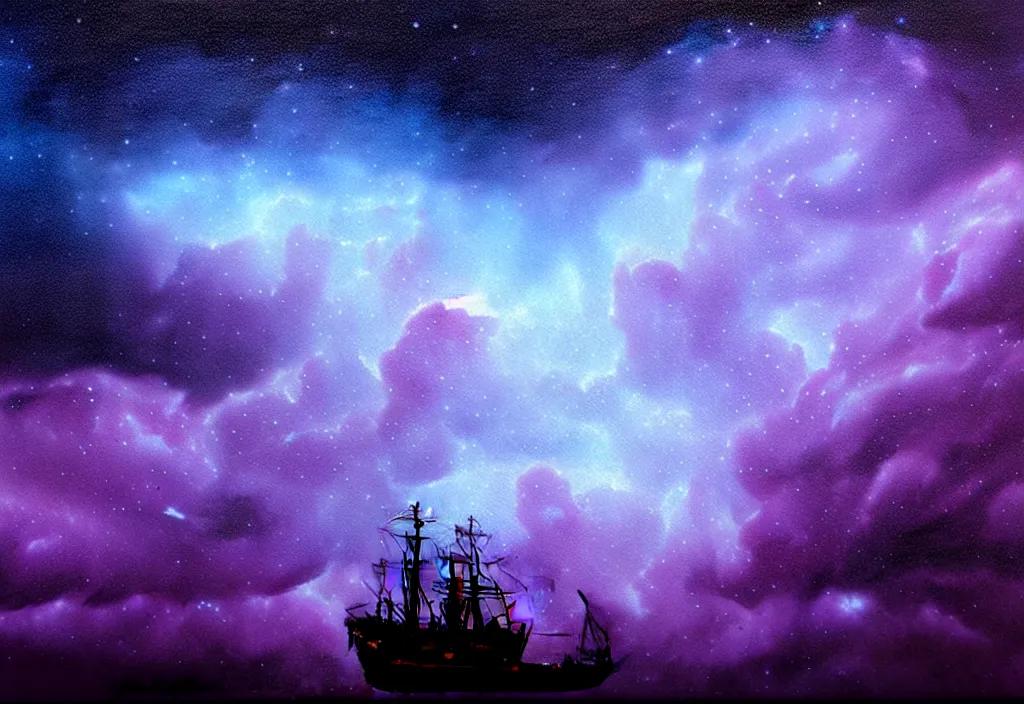 Image similar to purple color lighting storm with stormy sea close up of a pirate ship firing its cannons trippy nebula sky with dramatic clouds painting by banksy