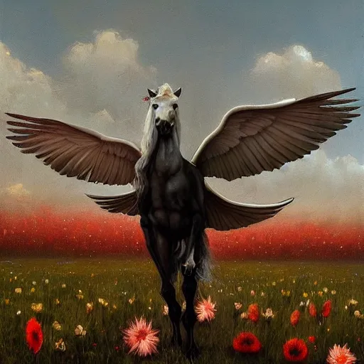 Image similar to a pegasus standing in the middle of a dark field of wilted flowers oil painting by esao andrews. painting. gloomy. brush strokes. trending on artstation.