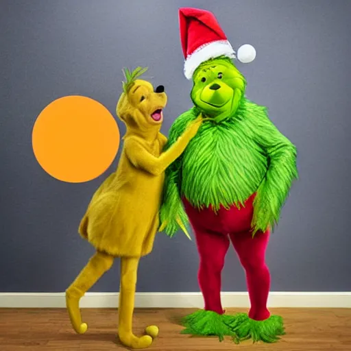 Image similar to winnie the pooh as the grinch, winnie the pooh cast as the grinch, full body shot