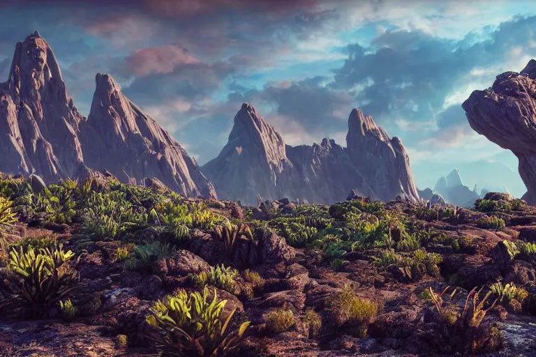 Image similar to an alien landscape featuring towering mountains, strange plants, and an otherworldly sky, 4 k photorealism