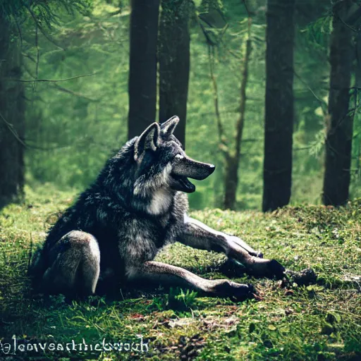 Prompt: photo of a wolf fursuit, meditating in the forest, in the morning, fog, ambient light, furaffinity