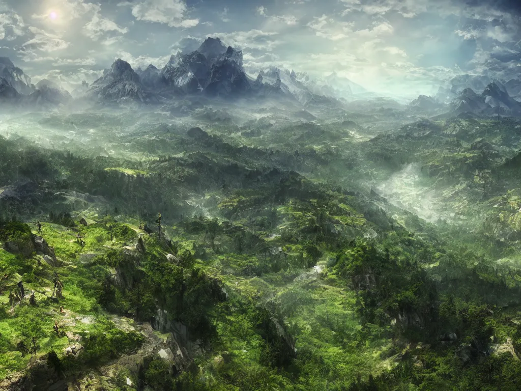 Prompt: epic view from a mountaintop, monumental mountains, green valleys with trees, digital painting, realistic render, 4k, 8k, photography, unreal engine, wallpaper, cinematic