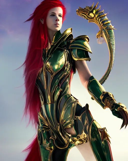 Image similar to red - haired final fantasy white marble egyptian pharaoh stroking her shiny rainbow dragon, warframe armor, regal, attractive, ornate, sultry, beautiful, elize theron, pretty face, green eyes, scifi platform, 4 k, ultra realistic, epic lighting, illuminated, cinematic, black gold, art by alexandra petruk, voidstar