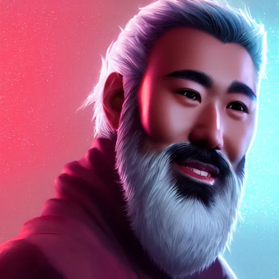 Image similar to a portrait of a shiny glowing heavenly asian man with white beard, night, 8 k, octane render, artstation, digital art.