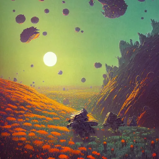 Image similar to a fantastic hyperdetailed 3 d matte painting of a giant robot partially covered in overgrowing wildflowers on an alien planet under arctic moonlight by moebius by beeple by by jakub rozalski by paul lehr by dan mumford