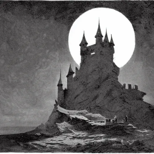 Prompt: an evil castle on a cliff above the ocean, night time, full moon, frank frazetta