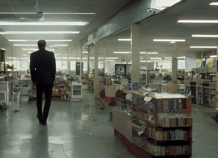 Image similar to cinematic wide shot of backlit windows of a narrow used electronics store, bryan cranston wanders the messy aisles, keyboards, iconic scene from the paranoid thriller sci fi film directed by wes anderson, anamorphic cinematography, beautiful composition, color theory, leading lines, photorealistic, volumetric lighting