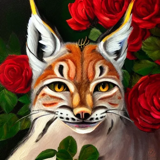 Prompt: an expressive oil painting of a lynx waring a crown!! made out of roses, crown of roses, roses in the shape of a hat, high quality art,