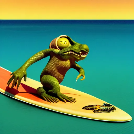 Prompt: peculiar creatures like rat fink surfing in santa cruz, basil wolverton, octane render