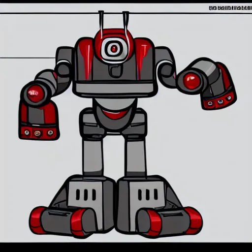 Prompt: robot shaped like a reverse wedge with tank tracks, red and grey color scheme, character design sheet