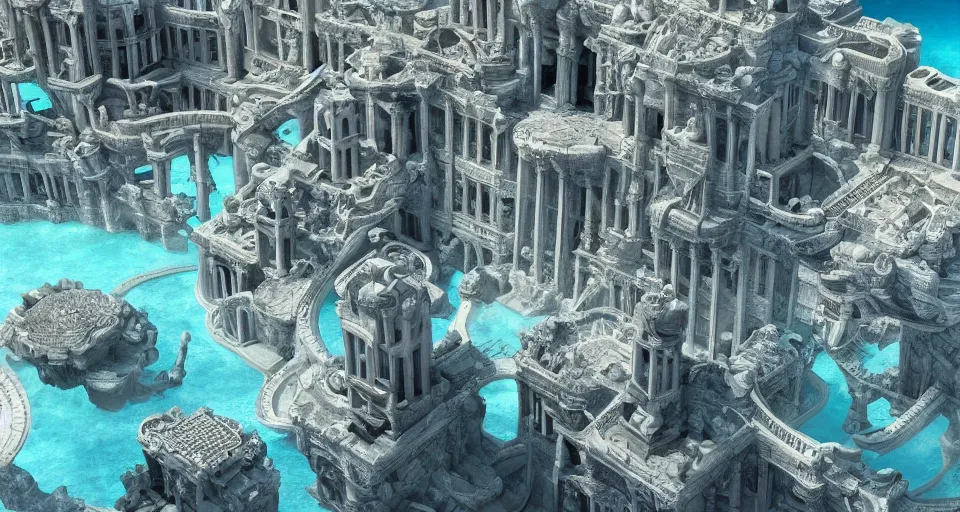 Prompt: the lost city of Atlantis, underwater, fully built buildings, white marble, hyper detailed, 4K