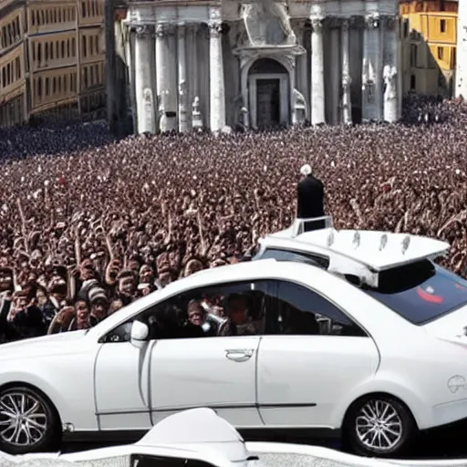 Image similar to a stunning award-winning photo of the Pope doing a sick drift in the pope mobile on St. Peter's square, dark tire marks, gray smoke coming out of the tires, very high quality, extremely detailed