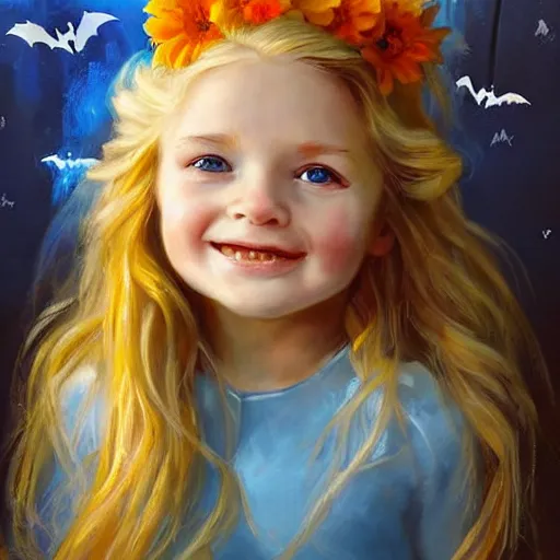 Image similar to a cute happy little girl with long golden blonde hair and blue eyes wearing a sky blue dress sitting amidst halloween decor, pumpkins, skulls. beautiful painting by raymond swanland and magali villanueve, beautiful detailed face.